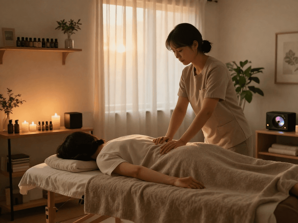 Professional 서울출장안마 session in a cozy living room with calming ambiance.