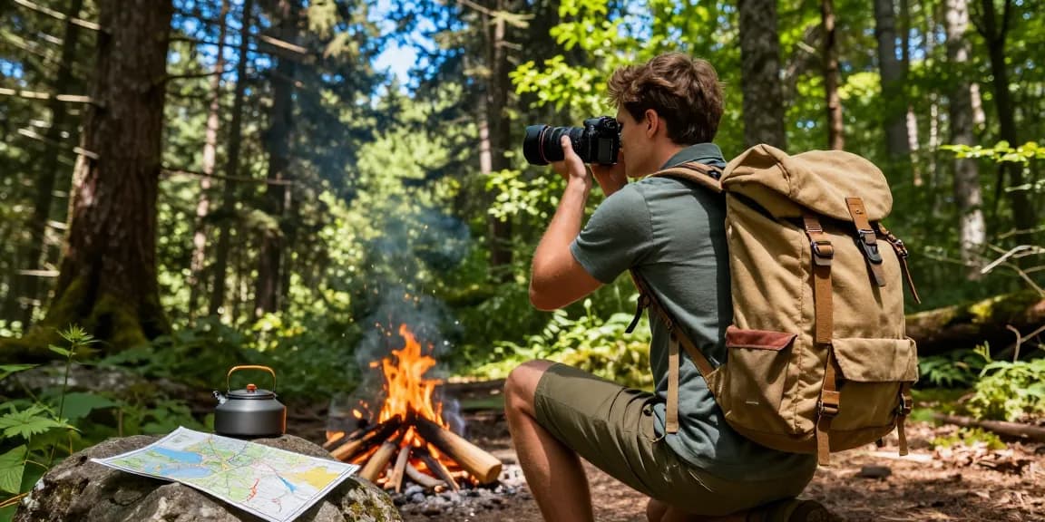 Junger Mann mit einem rucksack herren canvas beim Wandern in einem grünen Wald.