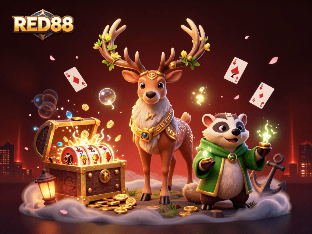 Engage with the enchanting RED88 casino experience featuring a 3D illustrated scene filled with exciting game elements.