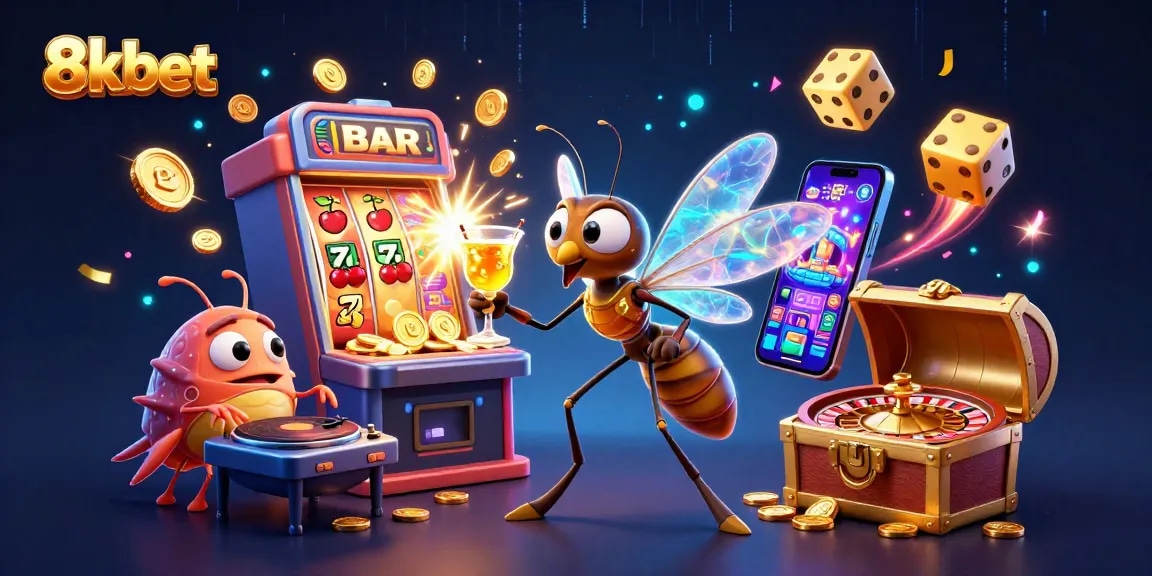 Experience gaming adventures at 8xbet with vibrant characters and dynamic casino elements surrounding them.