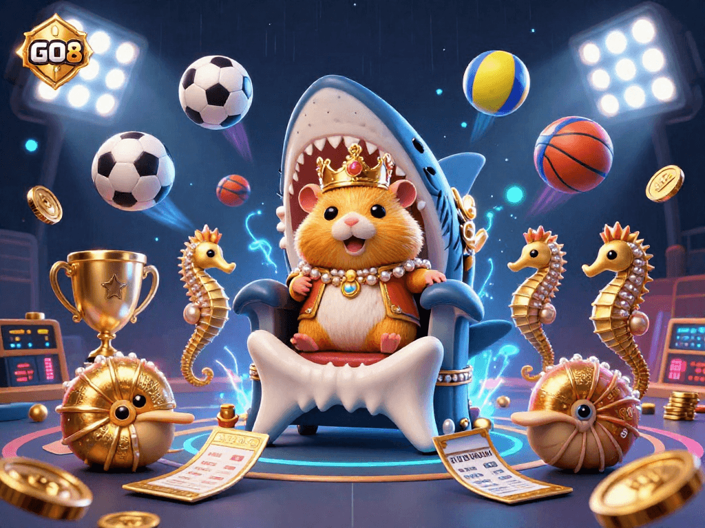Experience GO8's exciting sports betting action with a fierce hamster king surrounded by dynamic gaming elements.