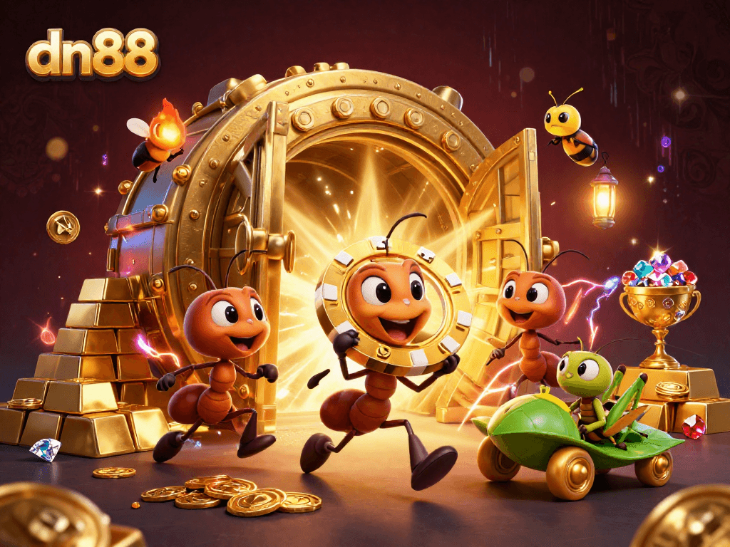 Join the adventure at dn88 with ants heisting a golden poker chip in an animated casino scene.