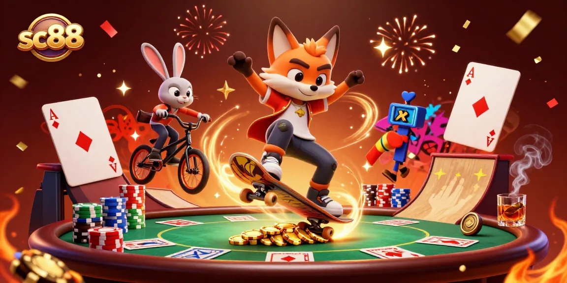 Experience the thrill of sc88 with dynamic casino-themed 3D characters and vibrant elements.
