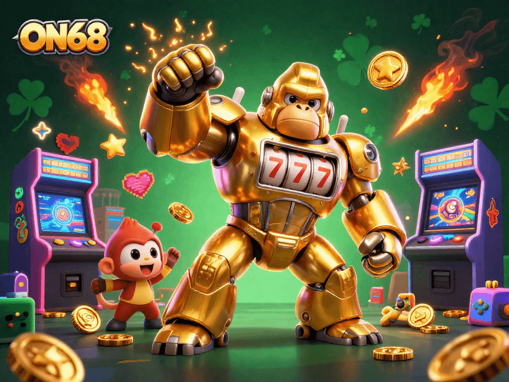 Spin jackpots and win big with ON68 at this vibrant casino illustration featuring golden gorilla mech.