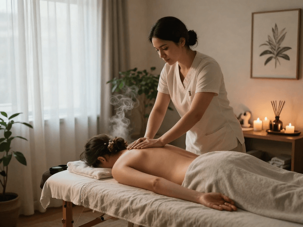Inviting 인천출장안마 massage session in tranquil wellness studio with calming atmosphere.