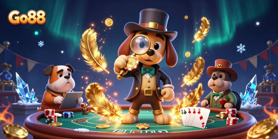 Go88 caricatures explore poker strategies with a golden chip clue in a vibrant casino scene.