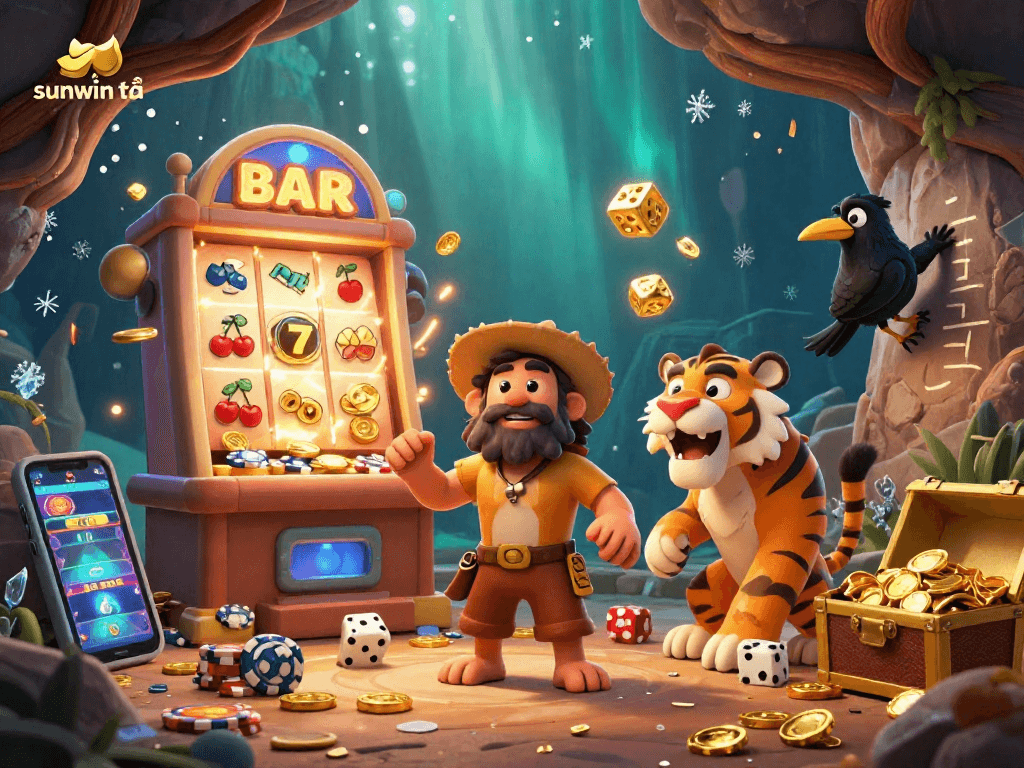 Experience the thrill of sunwin tải with a vibrant 3D casino scene featuring dynamic characters and exciting game elements.