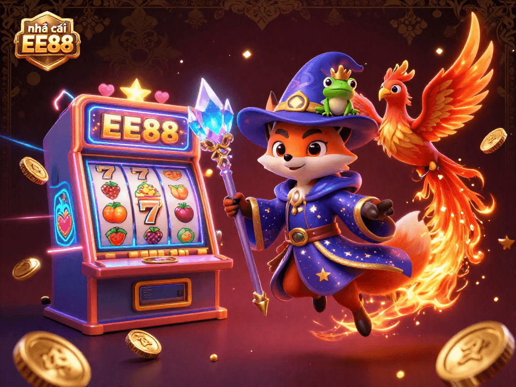 Engage with nhà cái EE88 featuring colorful slot reels and a mystical wizard in a vibrant 3D scene.