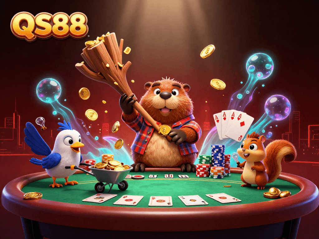 Engage with QS88's dynamic gaming scene featuring cartoon characters collecting golden coins amidst poker action.