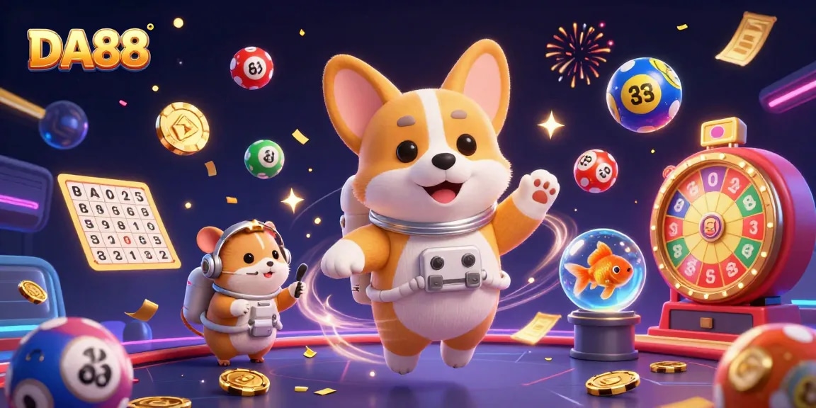 Experience gaming fun with DA88 in a vibrant space casino scene with unique characters.