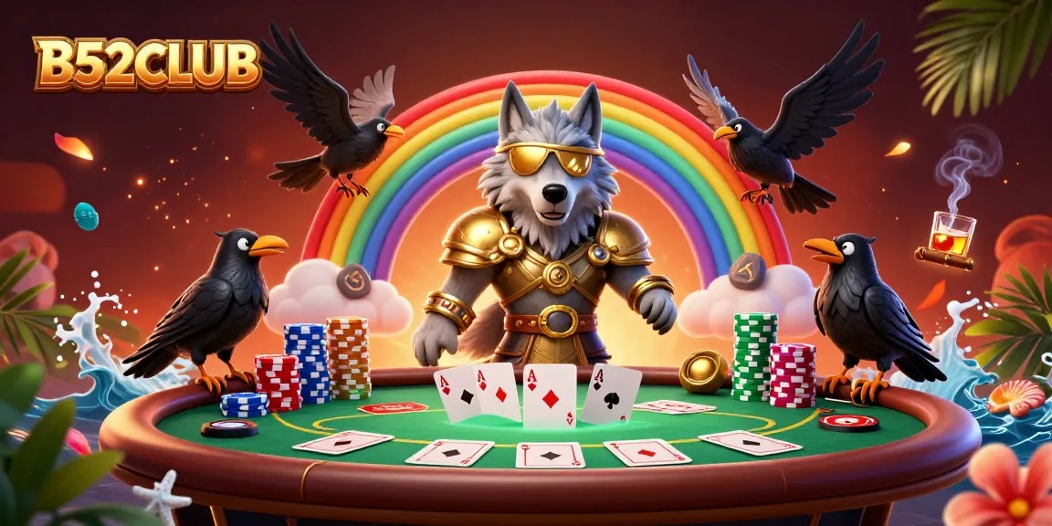 B52CLUB showcases Odin and his ravens on a rainbow bridge of casino chips, blending Norse mythology with thrilling gaming scenes.