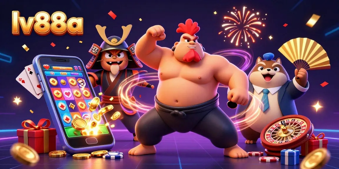 Spin reels and win big with lv88a in this lively casino scene featuring a sumo rooster.