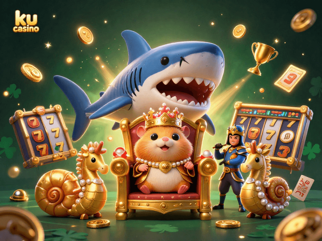 ku casino golden hamster king surrounded by exciting slots and jackpot elements in a dynamic 3D scene