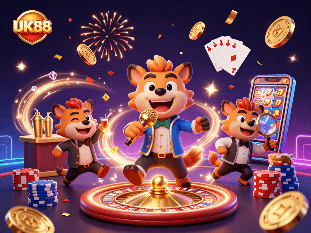 Engage in thrilling gameplay at UK88 with energetic hyenas hosting a vibrant casino comedy club.