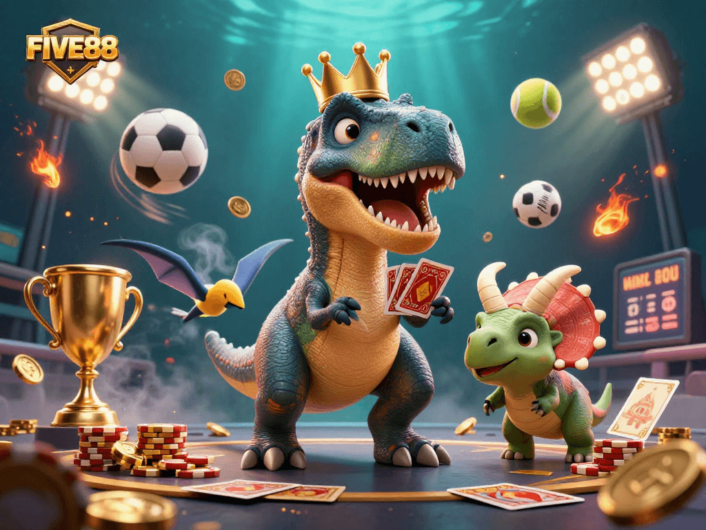 Engage with FIVE88's unique casino experience featuring a T-Rex shuffling cards and golden chips.