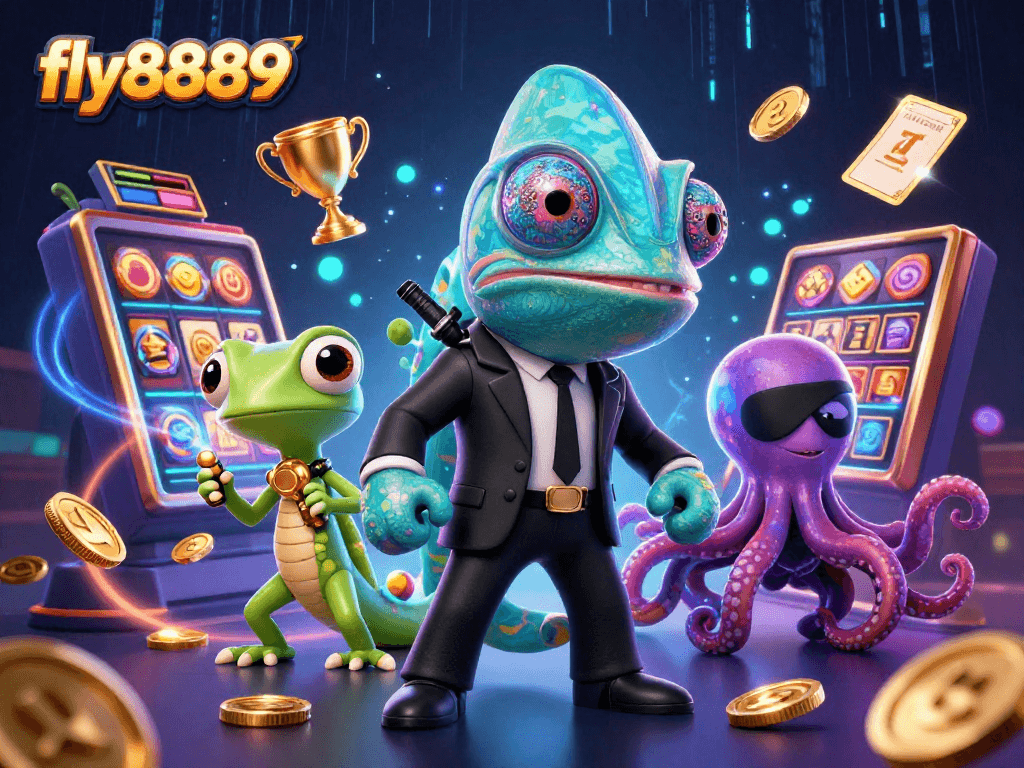 Engage in thrilling gameplay at fly8889 with a dynamic scene of an agent chameleon, tech-savvy gecko, and villain octopus amidst spinning slot reels, showcasing excitement.
