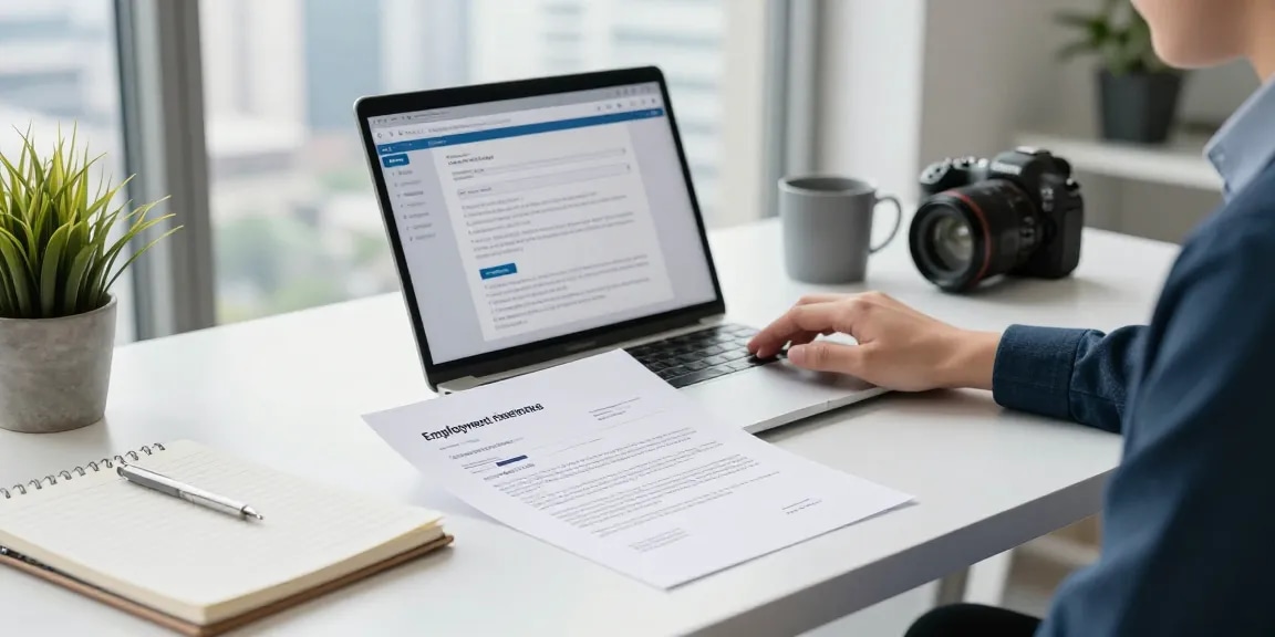 Arbeitszeugnis prüfen in einem modernen Büro, Person analysiert Referenzschreiben am Laptop.