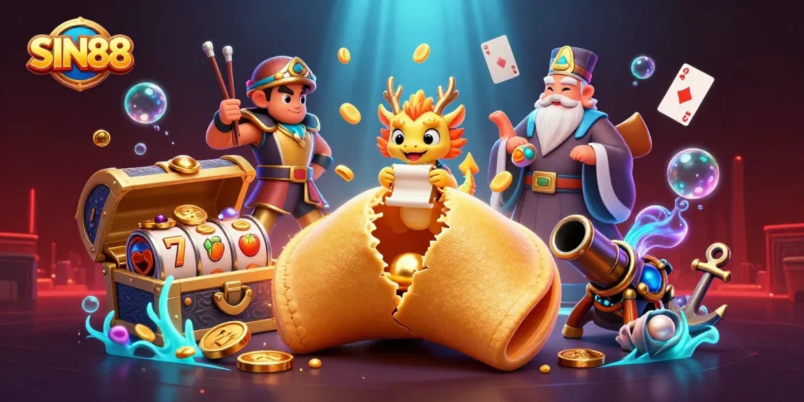 SIN88 showcases a vibrant 3D illustration of casino elements with a golden fortune cookie and dragons.
