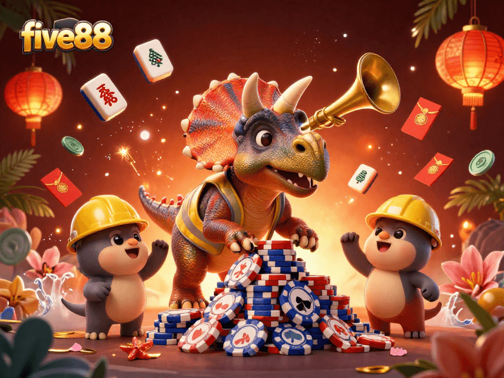 Experience vibrant gaming at five88 with playful dinosaurs celebrating wins amid floating mahjong tiles and festive decor.