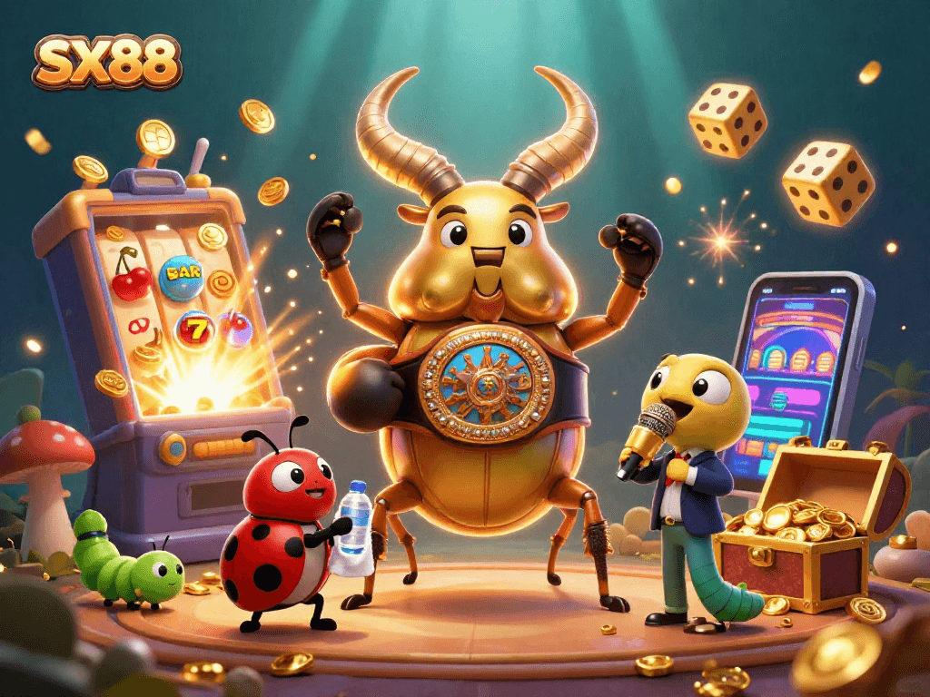 SX88 features a vibrant 3D illustration of a golden stag beetle champion with casino elements like slot machines and jackpot coins.