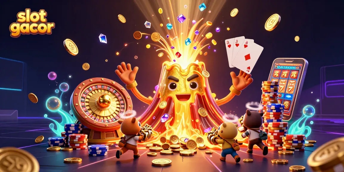 Experience thrilling slot gacor with a vibrant eruption of coins and treasure in this illustration.