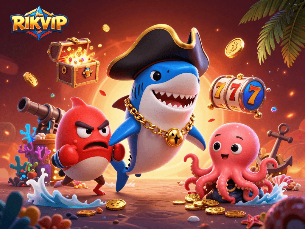 Experience the thrilling world of RIKVIP with animated casino characters amidst an exciting gaming atmosphere.