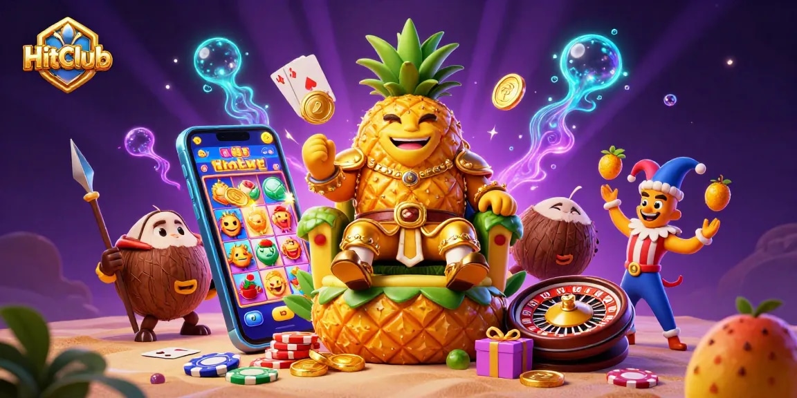 HitClub showcases a vibrant 3D casino scene with a pineapple king and engaging gameplay action.