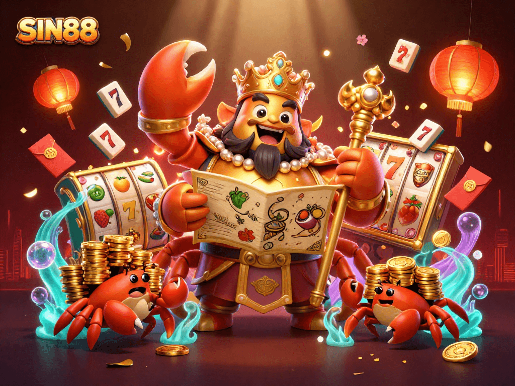 Experience the exciting SIN88 casino scene with a golden crab emperor and vibrant gaming elements.