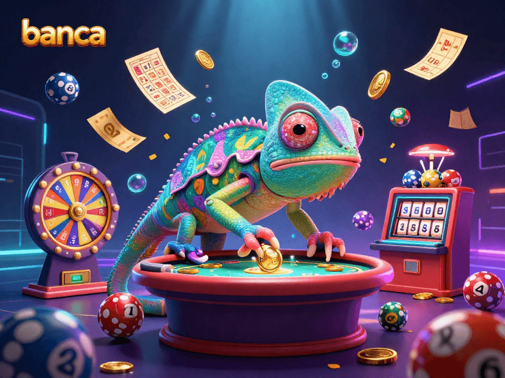Experience the thrilling world of banca with vibrant casino elements and playful chameleon owner.
