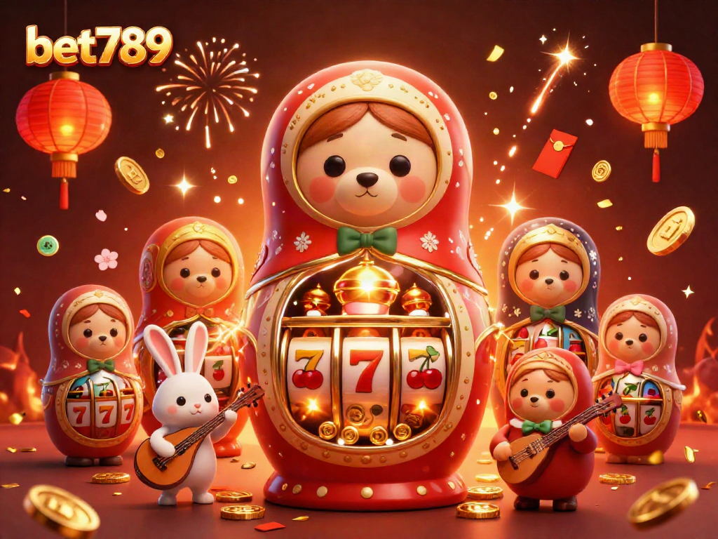 Bet789 showcases a vibrant casino scene with colorful slot reels, dealer bears, and festive elements.