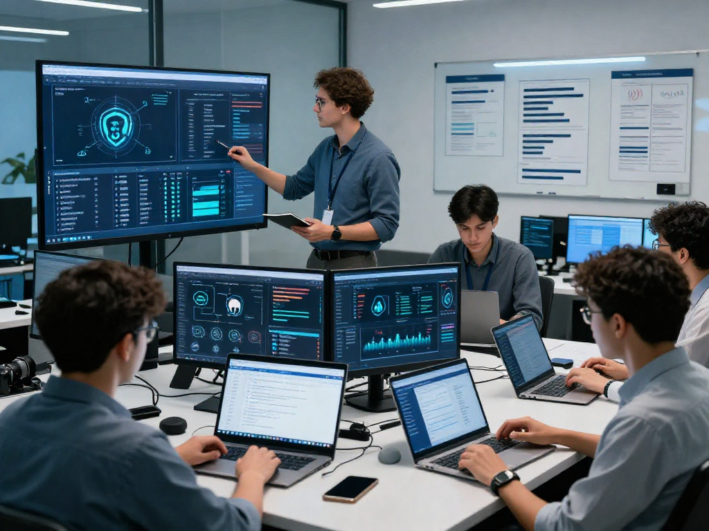 Daten- und IT-Sicherheit Dienstleistung scene with IT professionals analyzing security data in a modern workspace.