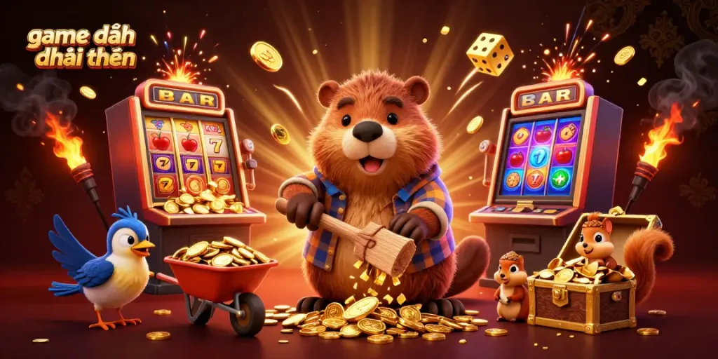 Engage in thrilling game đánh bài đổi thưởng with lively characters and vibrant casino elements, celebrating winning moments.