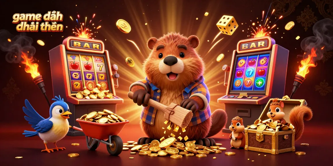 Engage in thrilling game đánh bài đổi thưởng with lively characters and vibrant casino elements, celebrating winning moments.