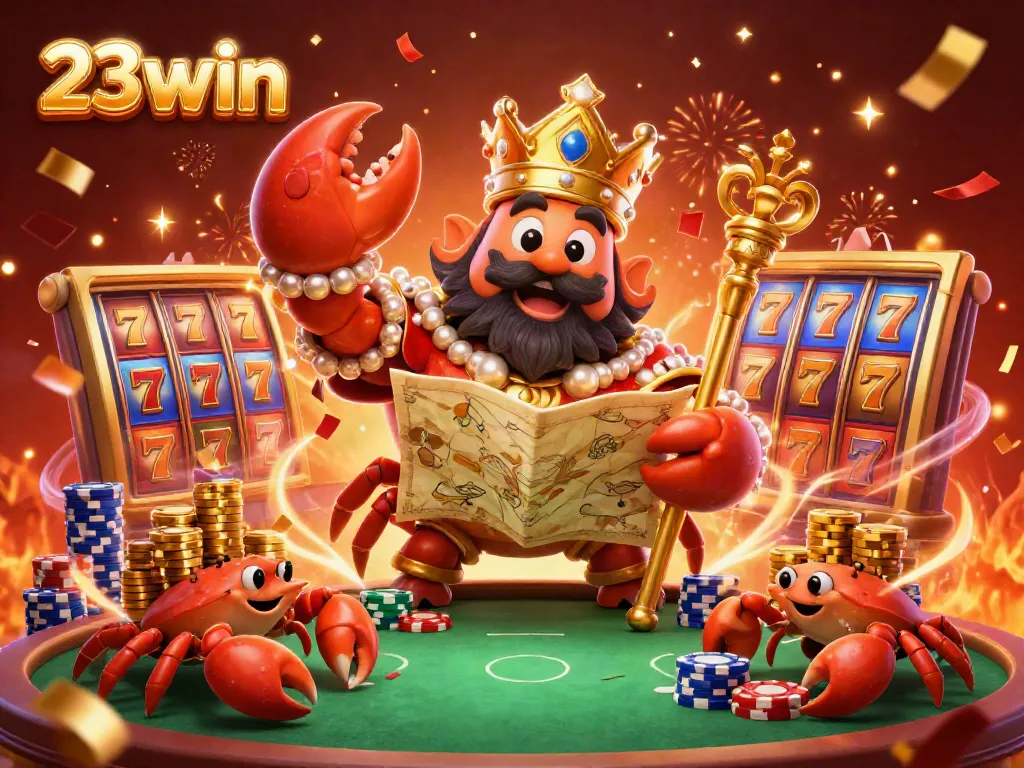 Experience the vibrant atmosphere of 23win with a golden crab emperor and slot reels in an exciting 3D casino scene.