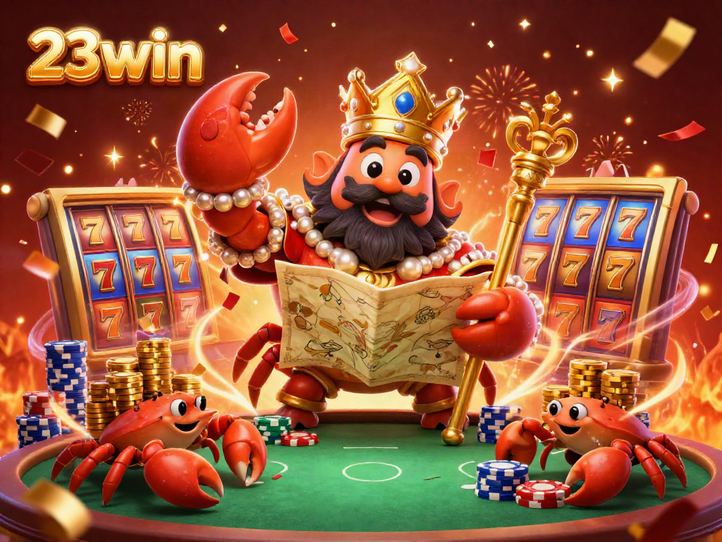 Experience the vibrant atmosphere of 23win with a golden crab emperor and slot reels in an exciting 3D casino scene.