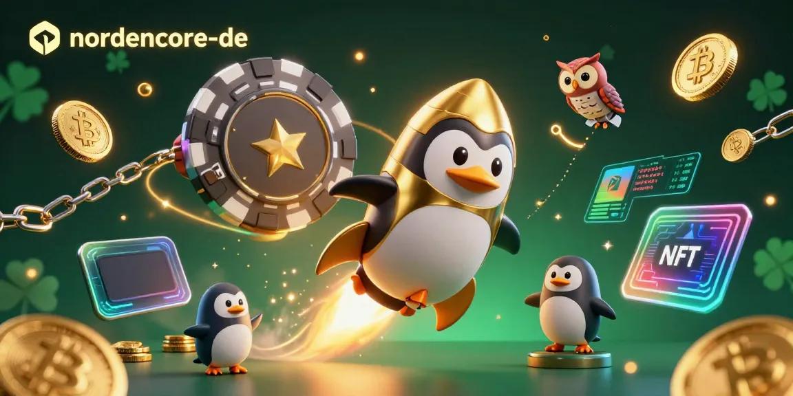 Experience the excitement of nordencore-de as a golden penguin navigates a space casino, surrounded by cryptocurrencies and vibrant visuals.