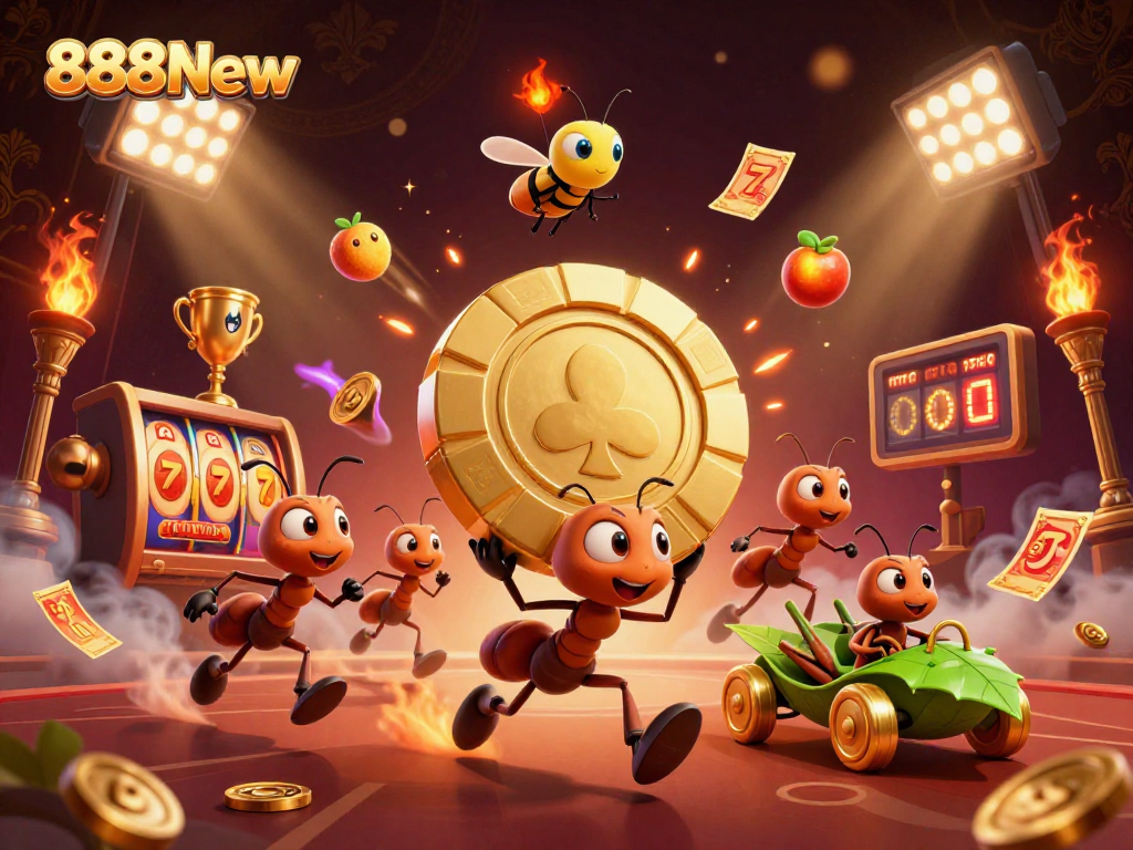 Experience the thrilling world of 888New as cartoon ants heist a giant poker chip in a vibrant casino