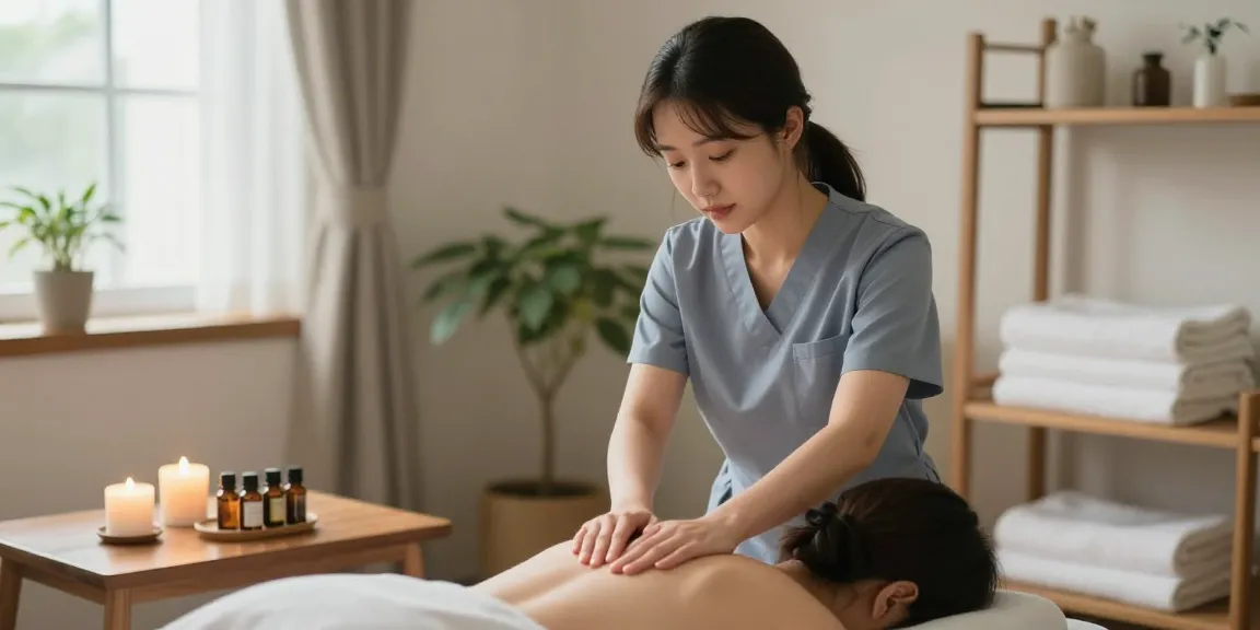 Relaxing 용산출장마사지 therapy session in a serene home environment with candles and essential oils.