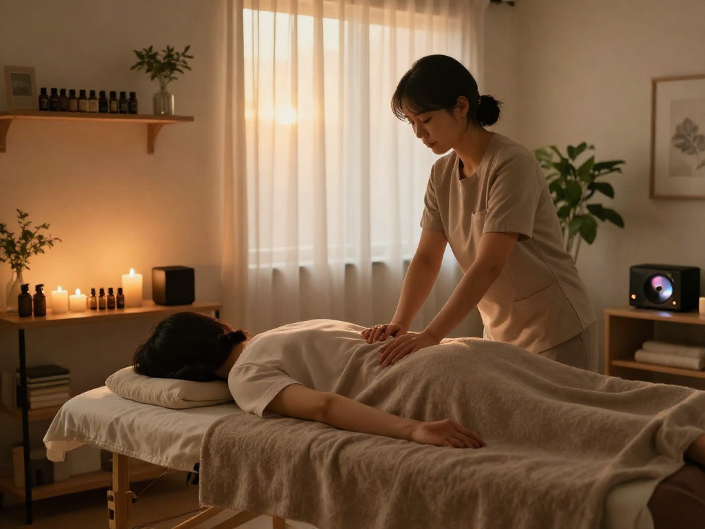 Professional 서울출장안마 session in a cozy living room with calming ambiance.