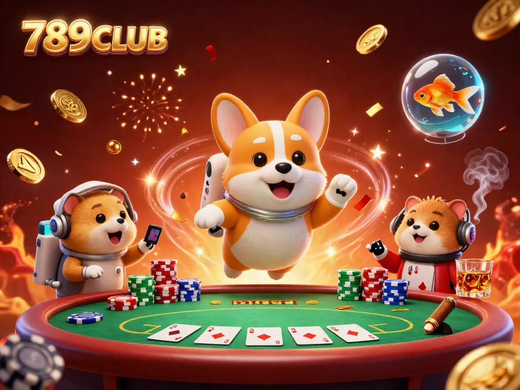 Immerse in the 789CLUB casino experience with a dynamic scene featuring an astronaut corgi and colorful poker elements.