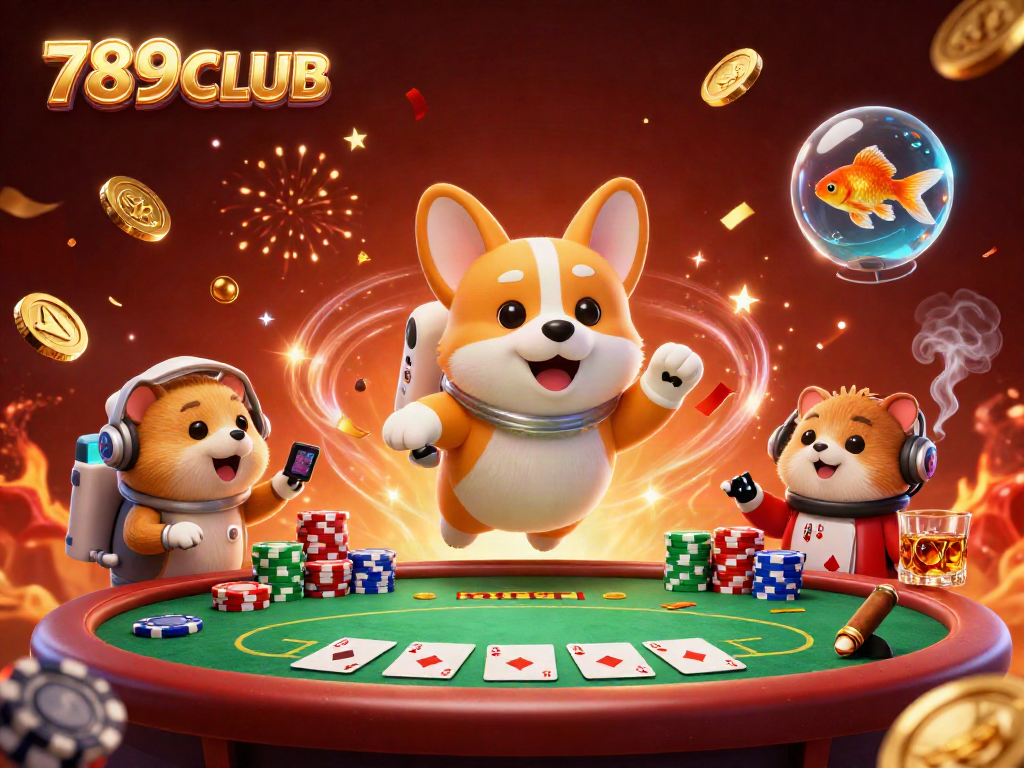 Immerse in the 789CLUB casino experience with a dynamic scene featuring an astronaut corgi and colorful poker elements.