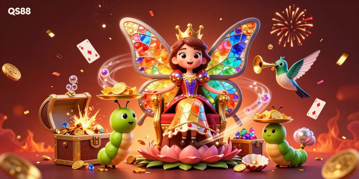 Engage in thrilling gameplay at QS88 with a vibrant 3D illustration showcasing a butterfly queen and casino elements.
