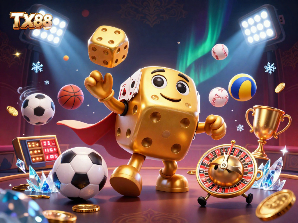 Experience the TX88 thrill with an ultra-detailed illustration showing a dice golem and sports elements.