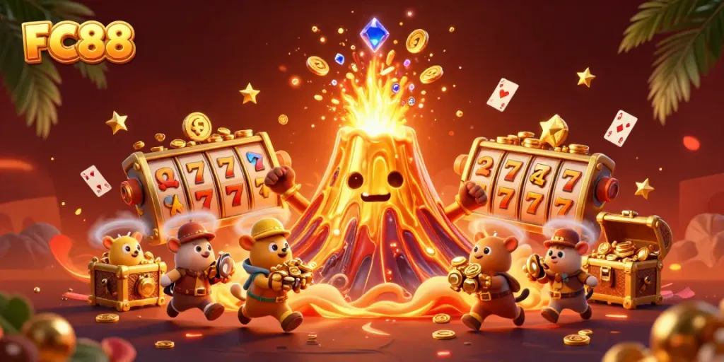 Experience the excitement at FC88's vibrant slots, featuring a triumphant golden volcano overflowing with treasures.
