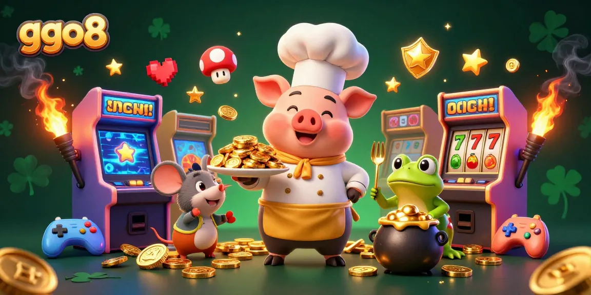 Gamble creatively with ggo8 as a chef pig serves gold coins, surrounded by gaming fun.