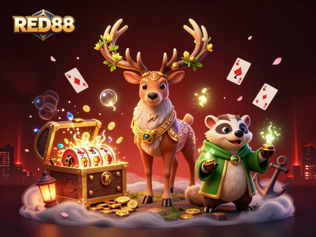 Engage with the enchanting RED88 casino experience featuring a 3D illustrated scene filled with exciting game elements.