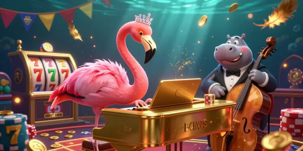 B52 slots experience with a flamingo singer, hippo bassist, vibrant coins, and casino ambiance.