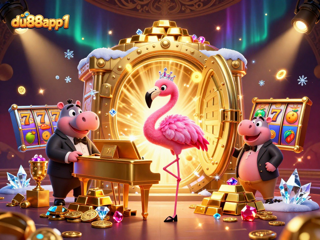 du88app1's vibrant scene showcases a cartoon flamingo singer and hippo bassist surrounded by slot reels and gold treasures.
