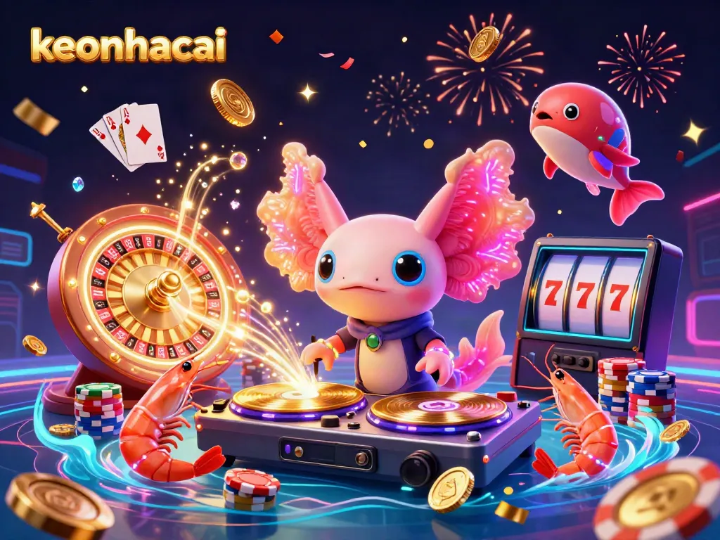 Experience the vibrant energy of keonhacai with a neon axolotl DJ and lively sea creatures in a dynamic casino scene.
