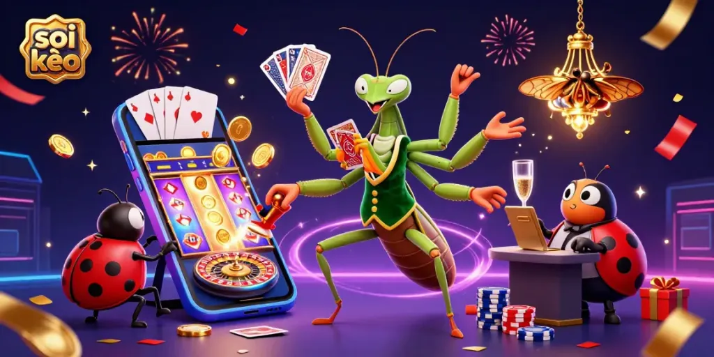 Soi kèo showcases a vibrant cartoon scene of a giant praying mantis dealer and ladybug pit boss engaging in a festive gambling atmosphere.
